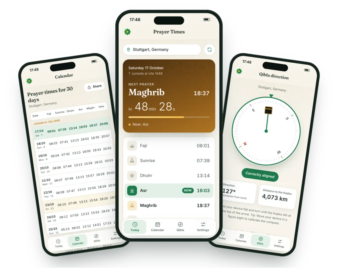 The namazvakti.de prayer times app: 30-day calendar, today view with countdown to Maghrib and Qibla compass